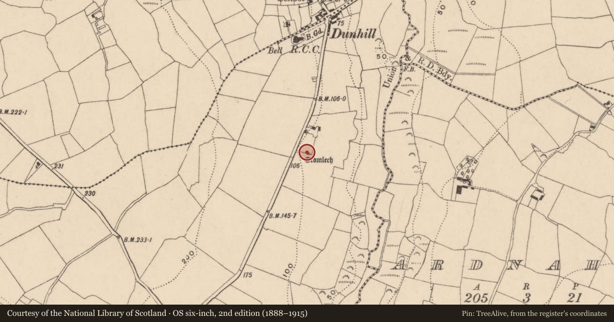 Ordnance Survey six-inch map, 2nd edition (1888–1915) covering the location of Megalithic tomb - portal tomb, Dunhill, County Waterford, with a pin at the register's coordinates