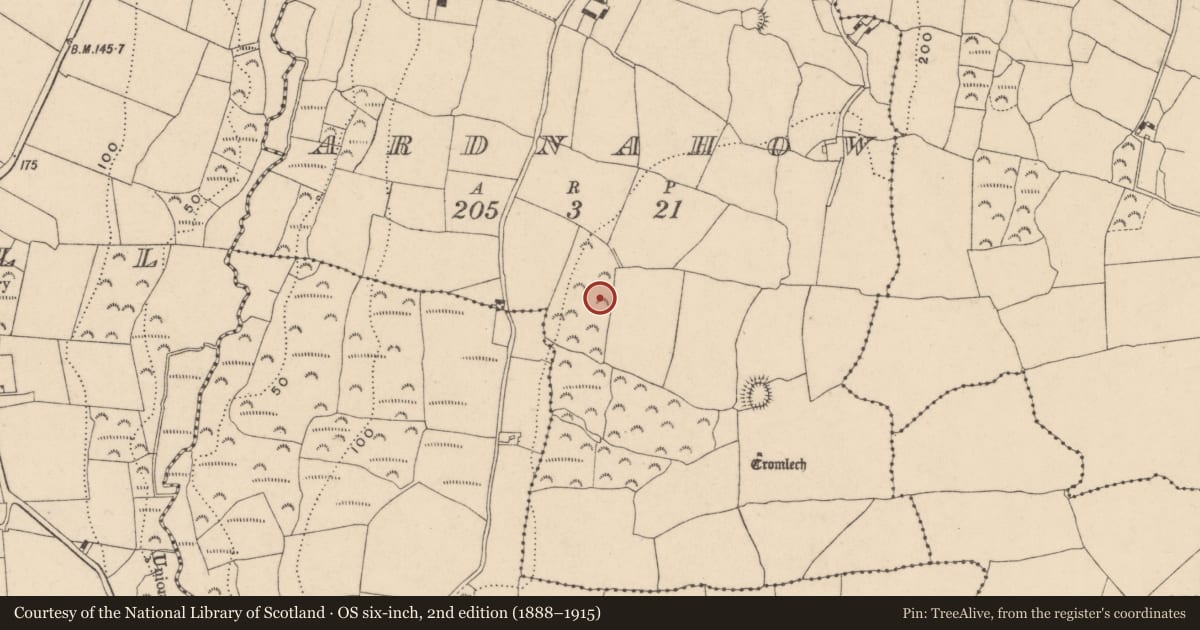 Ordnance Survey six-inch map, 2nd edition (1888–1915) covering the location of Enclosure, Ardnahow, County Waterford, with a pin at the register's coordinates