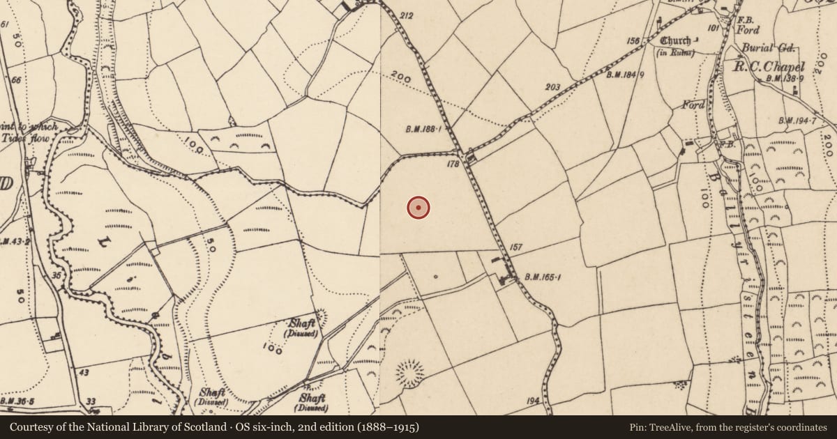 Ordnance Survey six-inch map, 2nd edition (1888–1915) covering the location of Ringfort - unclassified, Ballynasissala, County Waterford, with a pin at the register's coordinates