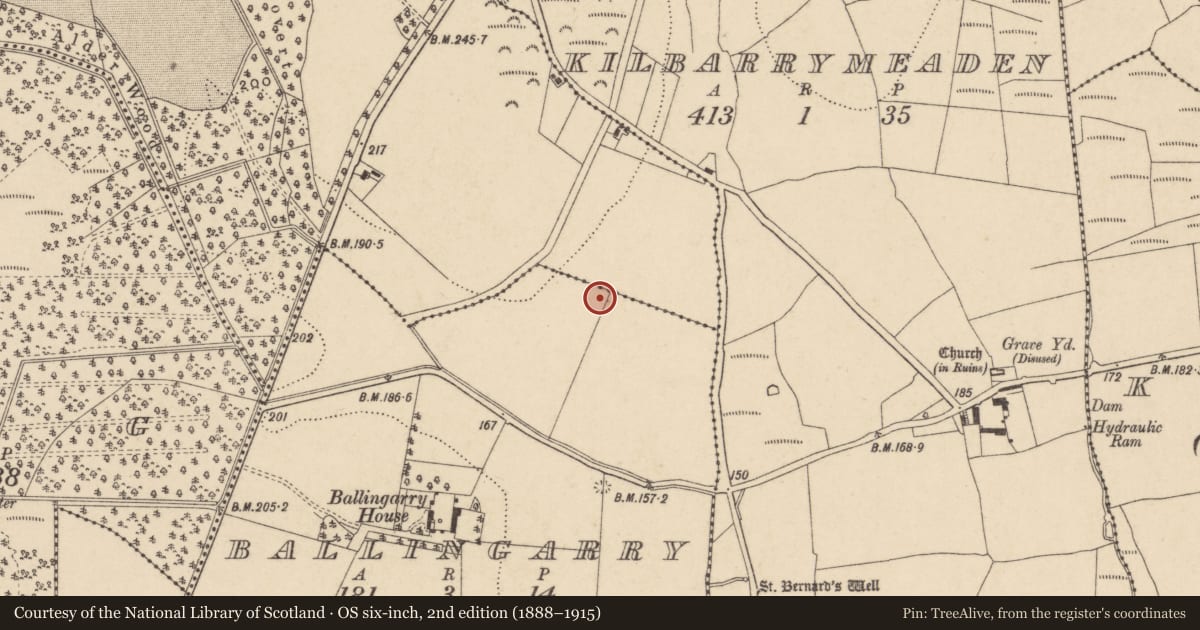 Ordnance Survey six-inch map, 2nd edition (1888–1915) covering the location of Ringfort - unclassified, Ballingarry, County Waterford, with a pin at the register's coordinates