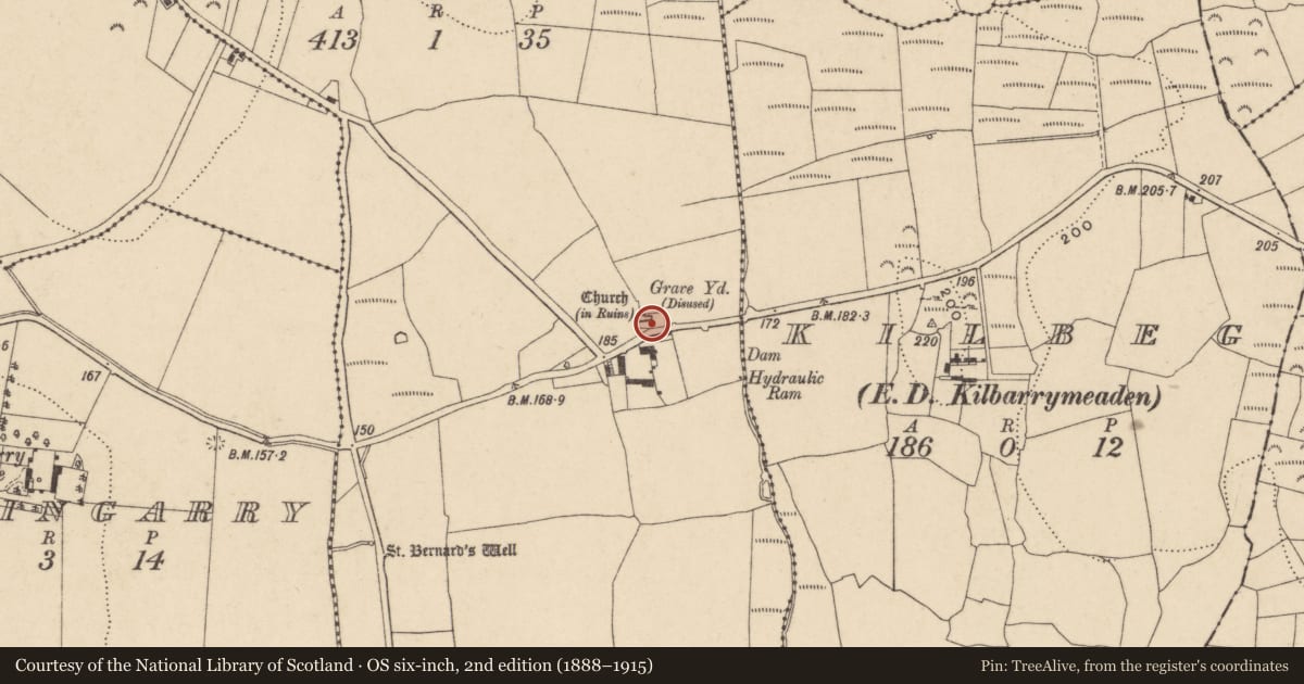 Ordnance Survey six-inch map, 2nd edition (1888–1915) covering the location of Graveyard, Kilbarrymeaden, County Waterford, with a pin at the register's coordinates