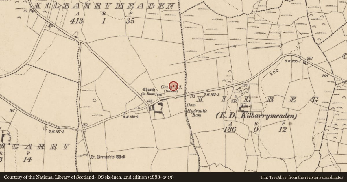Ordnance Survey six-inch map, 2nd edition (1888–1915) covering the location of Road - hollow-way, Kilbarrymeaden, County Waterford, with a pin at the register's coordinates
