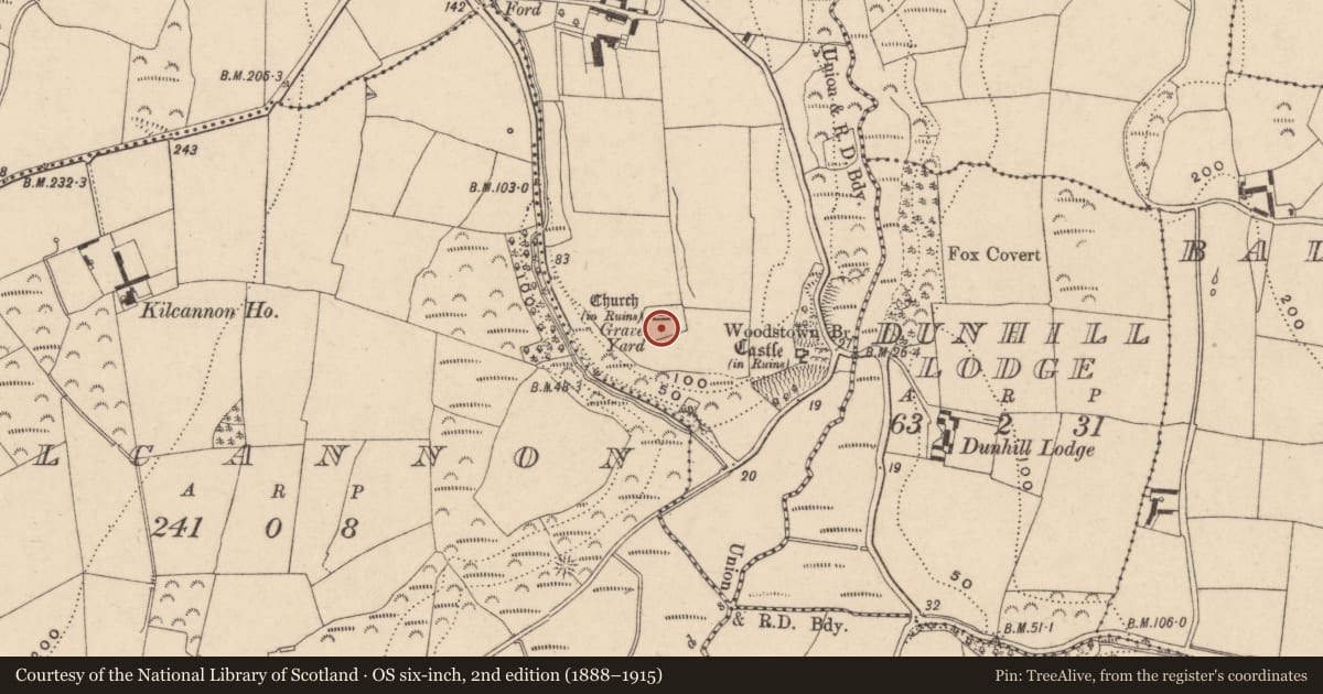 Ordnance Survey six-inch map, 2nd edition (1888–1915) covering the location of Graveyard, Dunhill, County Waterford, with a pin at the register's coordinates