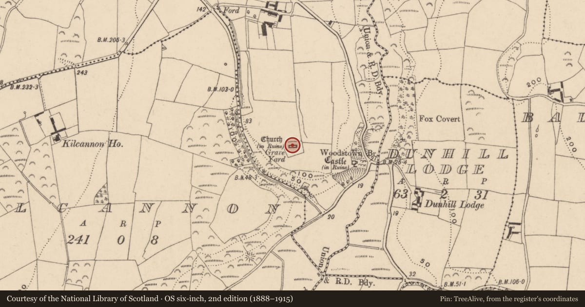 Ordnance Survey six-inch map, 2nd edition (1888–1915) covering the location of Font, Dunhill, County Waterford, with a pin at the register's coordinates