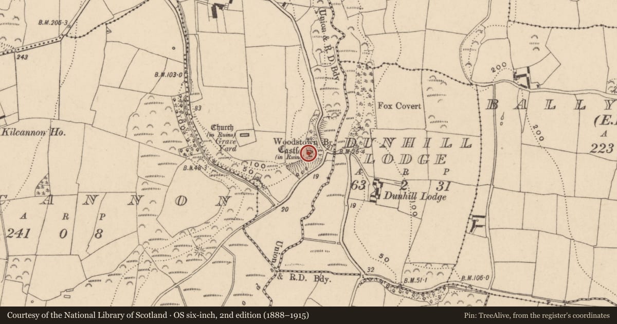 Ordnance Survey six-inch map, 2nd edition (1888–1915) covering the location of Bawn, Dunhill, County Waterford, with a pin at the register's coordinates