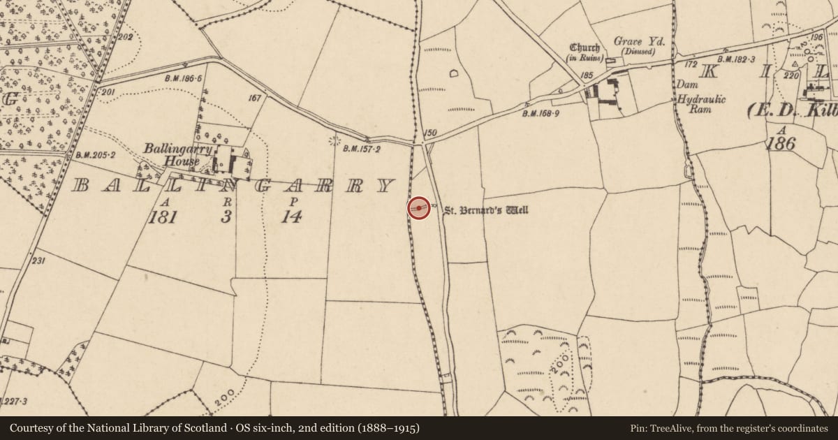 Ordnance Survey six-inch map, 2nd edition (1888–1915) covering the location of Burnt mound, Kilbarrymeaden, County Waterford, with a pin at the register's coordinates