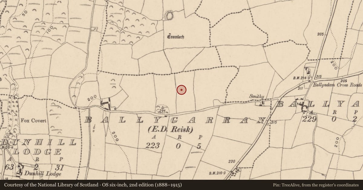 Ordnance Survey six-inch map, 2nd edition (1888–1915) covering the location of Enclosure, Ballygarran (Middlethird By., Islandikane Par.), County Waterford, with a pin at the register's coordinates