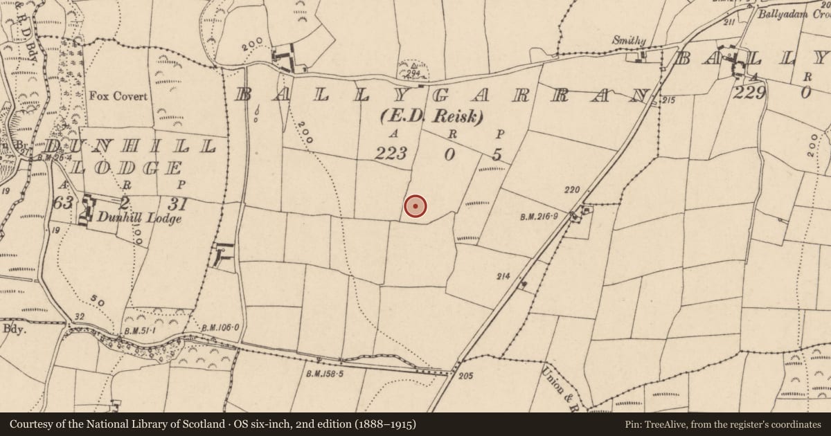 Ordnance Survey six-inch map, 2nd edition (1888–1915) covering the location of Ringfort - unclassified, Ballygarran (Middlethird By., Islandikane Par.), County Waterford, with a pin at the register's coordinates