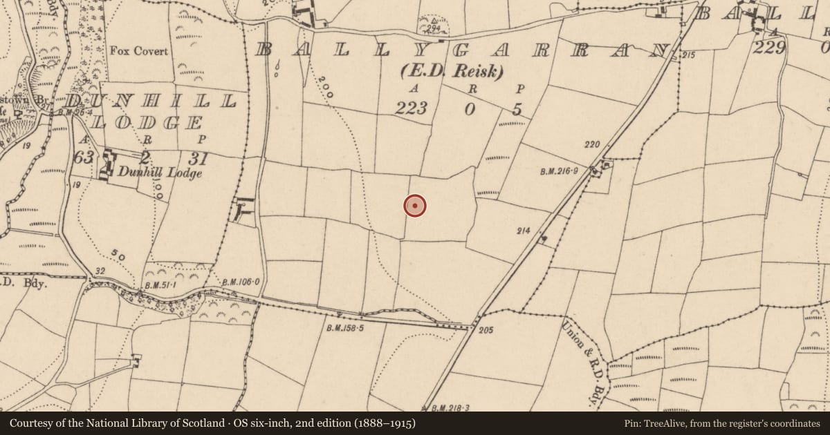 Ordnance Survey six-inch map, 2nd edition (1888–1915) covering the location of Ringfort - unclassified, Ballygarran (Middlethird By., Islandikane Par.), County Waterford, with a pin at the register's coordinates