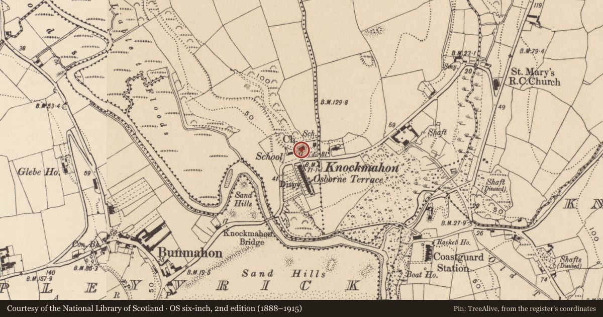 Ordnance Survey six-inch map, 2nd edition (1888–1915) covering the location of Church, Ballynasissala, County Waterford, with a pin at the register's coordinates