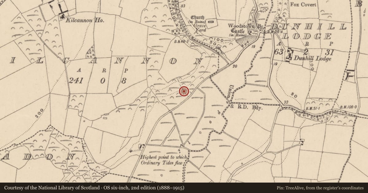Ordnance Survey six-inch map, 2nd edition (1888–1915) covering the location of Enclosure, Kilcannon, County Waterford, with a pin at the register's coordinates