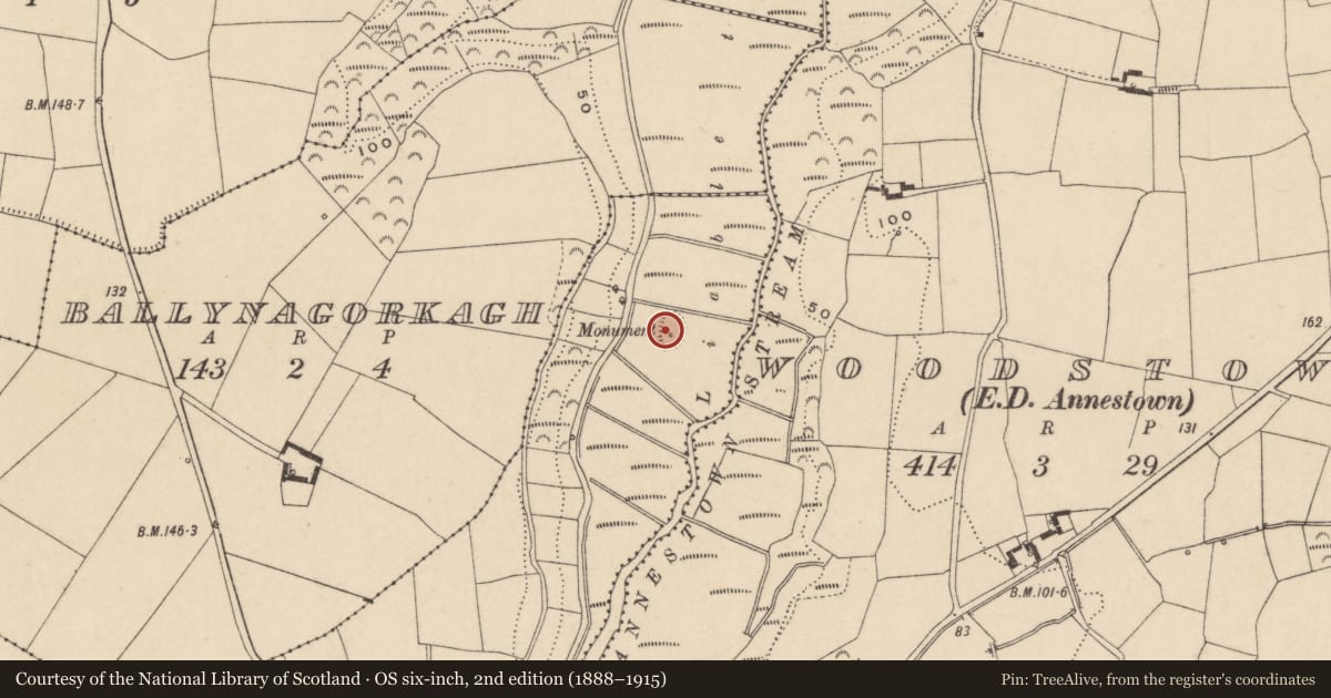 Ordnance Survey six-inch map, 2nd edition (1888–1915) covering the location of Monumental structure, Annestown, County Waterford, with a pin at the register's coordinates