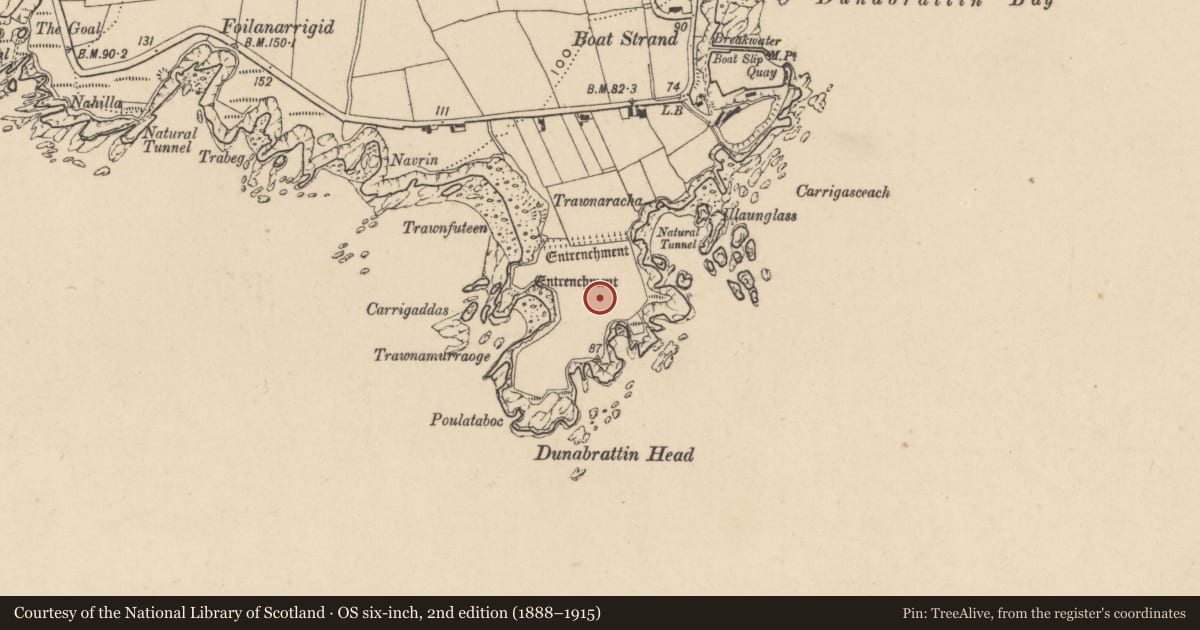 Ordnance Survey six-inch map, 2nd edition (1888–1915) covering the location of Promontory fort - coastal, Dunabrattin, County Waterford, with a pin at the register's coordinates
