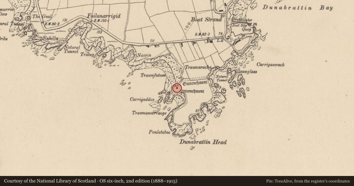 Ordnance Survey six-inch map, 2nd edition (1888–1915) covering the location of Promontory fort - coastal, Dunabrattin, County Waterford, with a pin at the register's coordinates