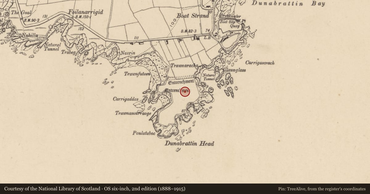 Ordnance Survey six-inch map, 2nd edition (1888–1915) covering the location of Hut site, Dunabrattin, County Waterford, with a pin at the register's coordinates