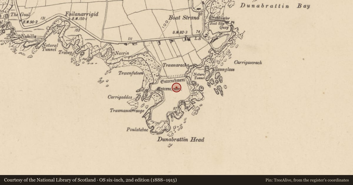 Ordnance Survey six-inch map, 2nd edition (1888–1915) covering the location of Hut site, Dunabrattin, County Waterford, with a pin at the register's coordinates