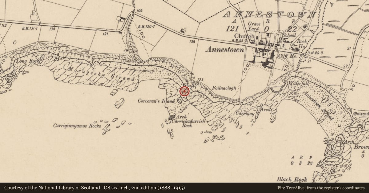 Ordnance Survey six-inch map, 2nd edition (1888–1915) covering the location of Promontory fort - coastal, Annestown, County Waterford, with a pin at the register's coordinates