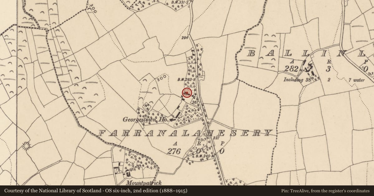Ordnance Survey six-inch map, 2nd edition (1888–1915) covering the location of Memorial stone, Farranalahesery, County Waterford, with a pin at the register's coordinates