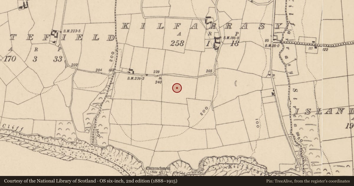 Ordnance Survey six-inch map, 2nd edition (1888–1915) covering the location of Church, Kilfarrasy, County Waterford, with a pin at the register's coordinates