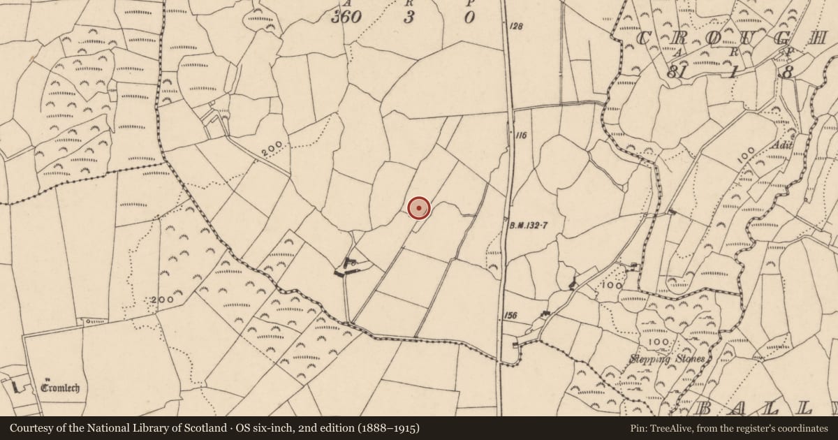 Ordnance Survey six-inch map, 2nd edition (1888–1915) covering the location of Burnt mound, Shanaclone, County Waterford, with a pin at the register's coordinates