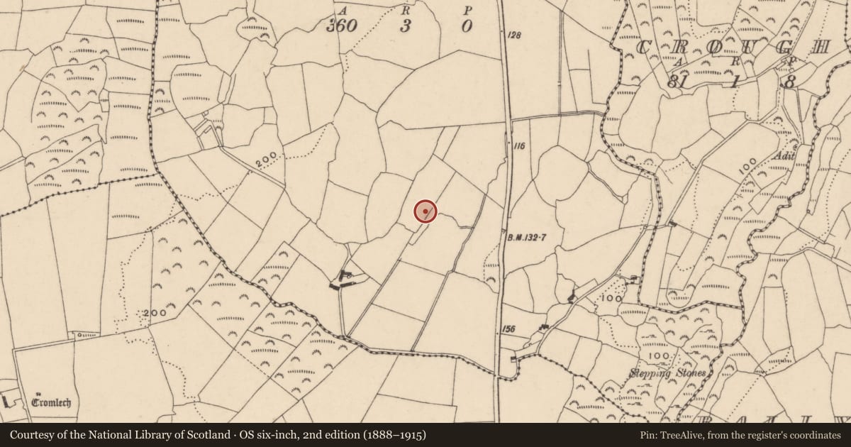Ordnance Survey six-inch map, 2nd edition (1888–1915) covering the location of Burnt mound, Shanaclone, County Waterford, with a pin at the register's coordinates