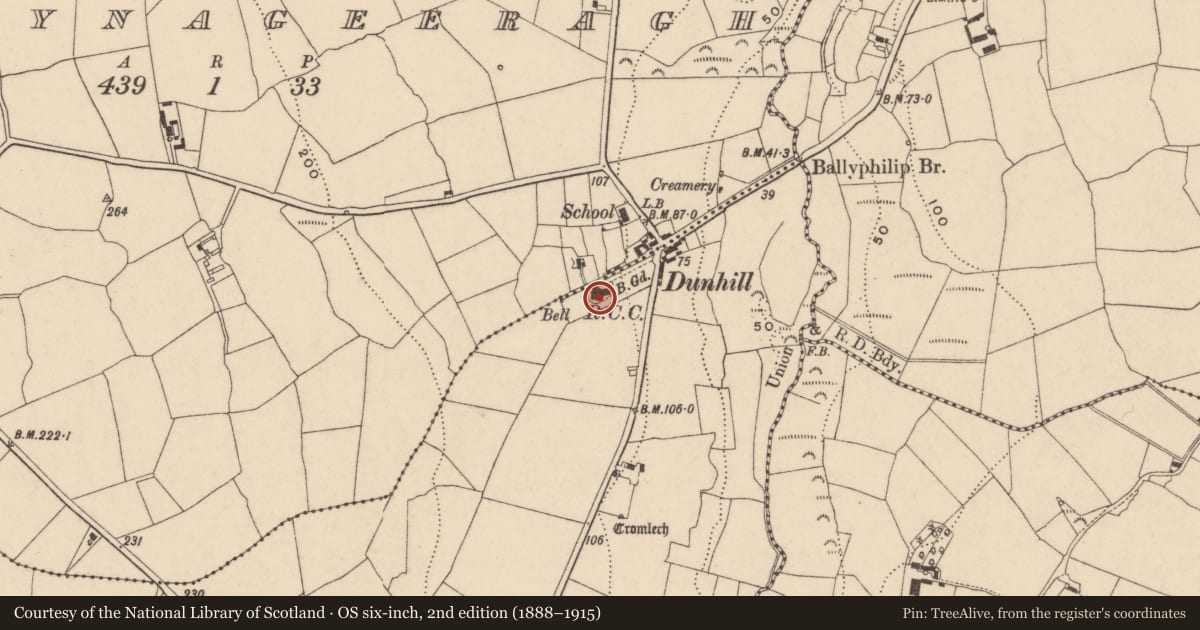 Ordnance Survey six-inch map, 2nd edition (1888–1915) covering the location of Font (present location), Dunhill, County Waterford, with a pin at the register's coordinates