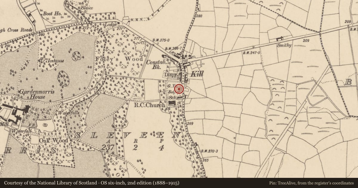 Ordnance Survey six-inch map, 2nd edition (1888–1915) covering the location of Church, Sleveen, County Waterford, with a pin at the register's coordinates