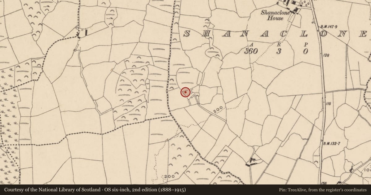 Ordnance Survey six-inch map, 2nd edition (1888–1915) covering the location of Kerb circle, Shanaclone, County Waterford, with a pin at the register's coordinates