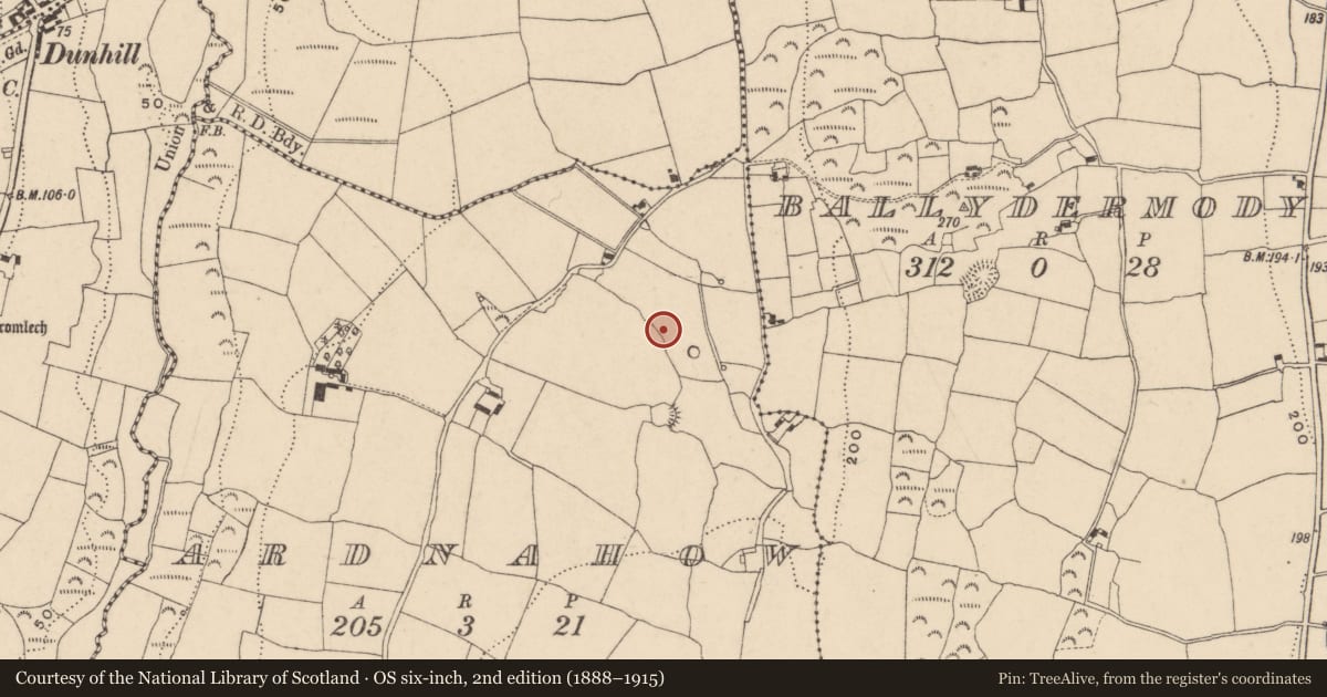 Ordnance Survey six-inch map, 2nd edition (1888–1915) covering the location of Burnt mound, Ardnahow, County Waterford, with a pin at the register's coordinates