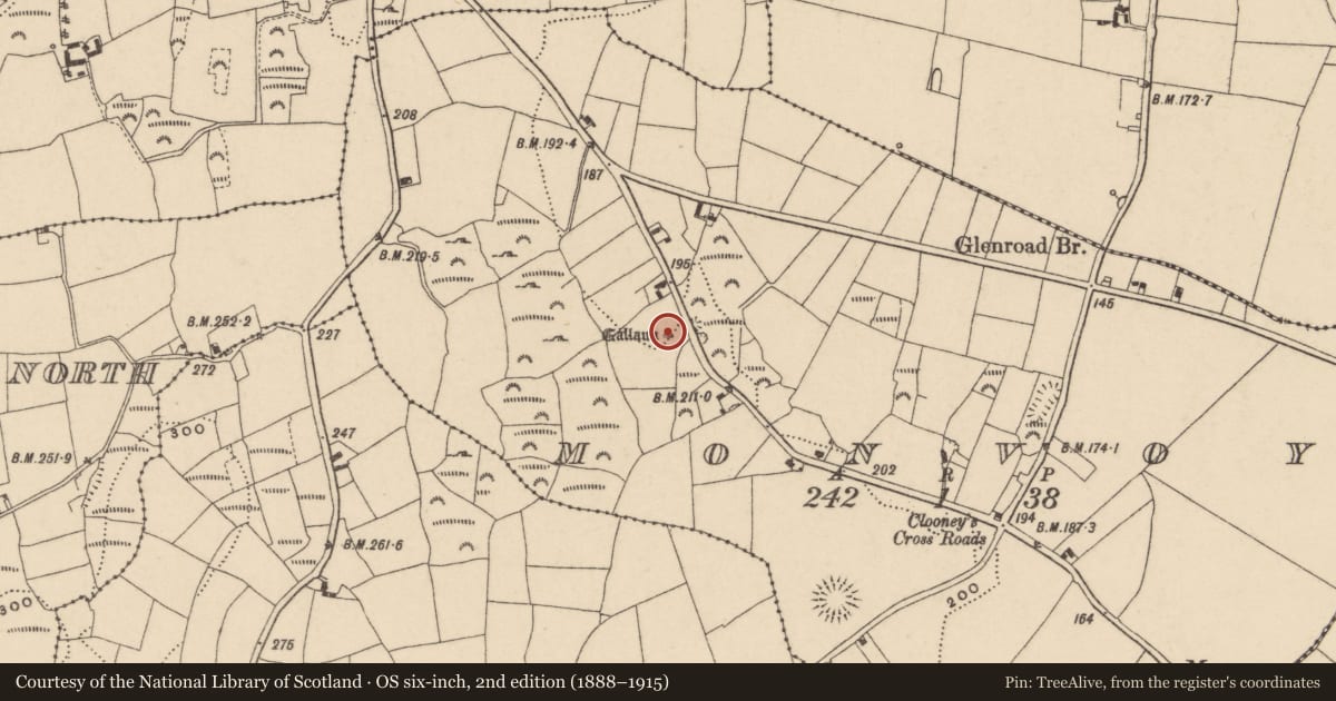 Ordnance Survey six-inch map, 2nd edition (1888–1915) covering the location of Standing stone, Monvoy, County Waterford, with a pin at the register's coordinates