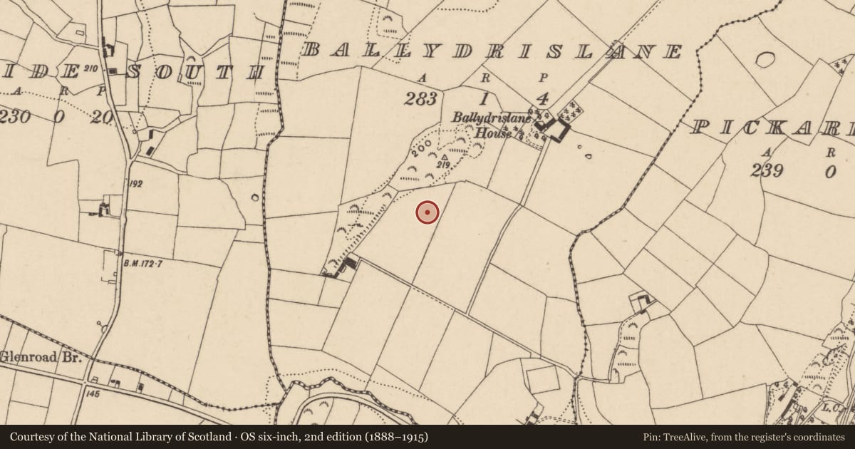 Ordnance Survey six-inch map, 2nd edition (1888–1915) covering the location of Earthwork, Ballydrislane, County Waterford, with a pin at the register's coordinates