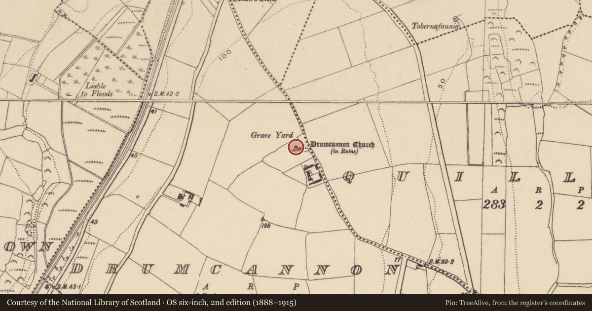 Ordnance Survey six-inch map, 2nd edition (1888–1915) covering the location of Church, Drumcannon, County Waterford, with a pin at the register's coordinates