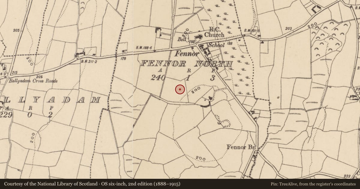 Ordnance Survey six-inch map, 2nd edition (1888–1915) covering the location of Earthwork, Fennor North, County Waterford, with a pin at the register's coordinates