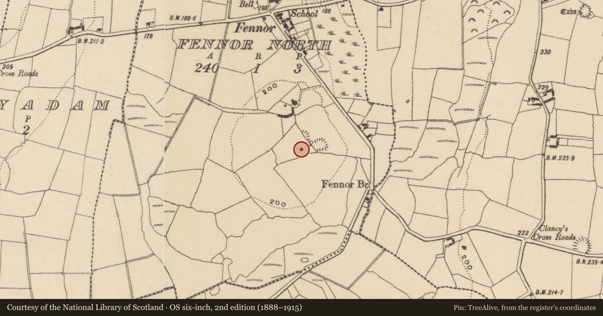 Ordnance Survey six-inch map, 2nd edition (1888–1915) covering the location of Ringfort - unclassified, Fennor North, County Waterford, with a pin at the register's coordinates