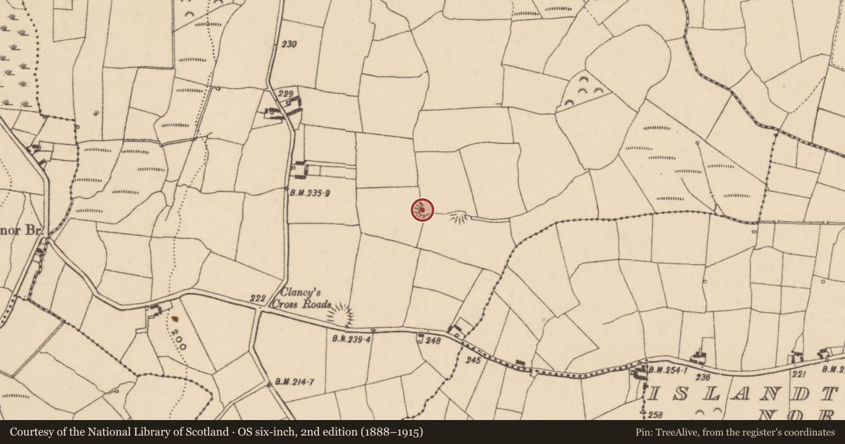 Ordnance Survey six-inch map, 2nd edition (1888–1915) covering the location of Ringfort - unclassified, Ballyscanlan, County Waterford, with a pin at the register's coordinates