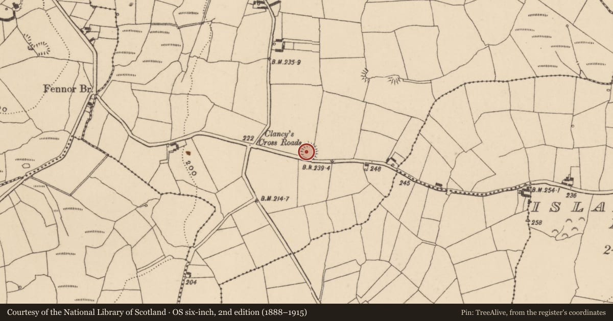 Ordnance Survey six-inch map, 2nd edition (1888–1915) covering the location of Enclosure, Ballyscanlan, County Waterford, with a pin at the register's coordinates