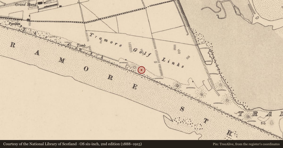 Ordnance Survey six-inch map, 2nd edition (1888–1915) covering the location of Burial ground, Tramore Burrow, County Waterford, with a pin at the register's coordinates