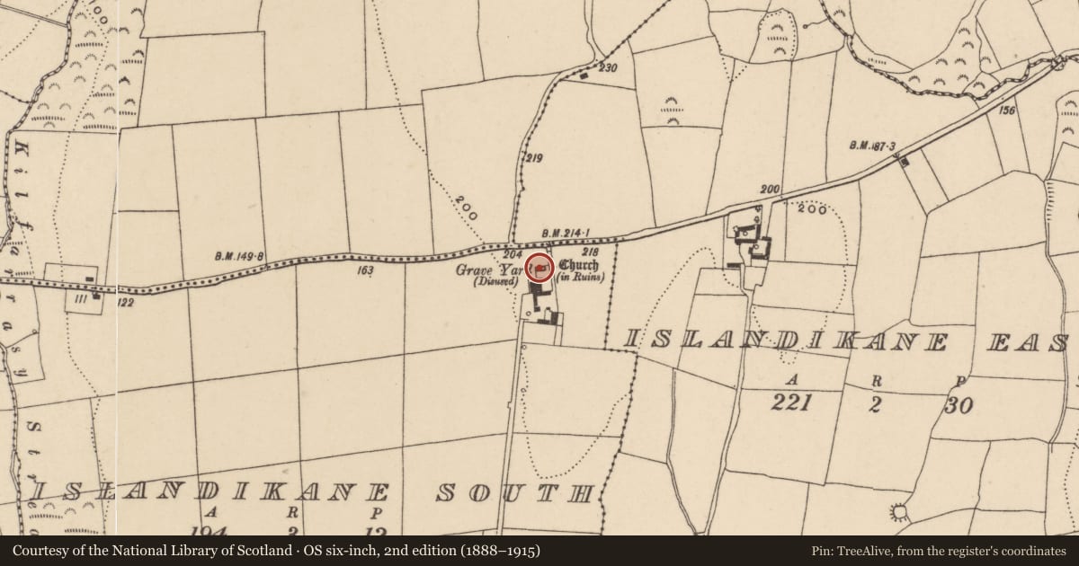 Ordnance Survey six-inch map, 2nd edition (1888–1915) covering the location of Church, Islandikane South, County Waterford, with a pin at the register's coordinates