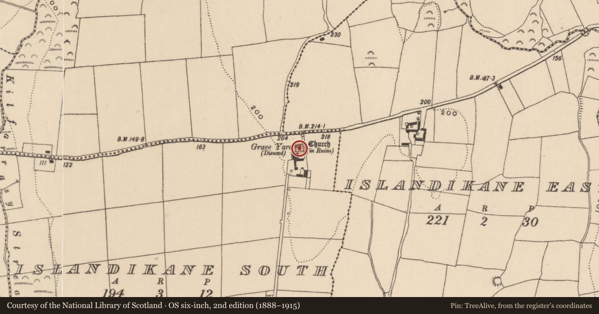 Ordnance Survey six-inch map, 2nd edition (1888–1915) covering the location of Graveyard, Islandikane South, County Waterford, with a pin at the register's coordinates