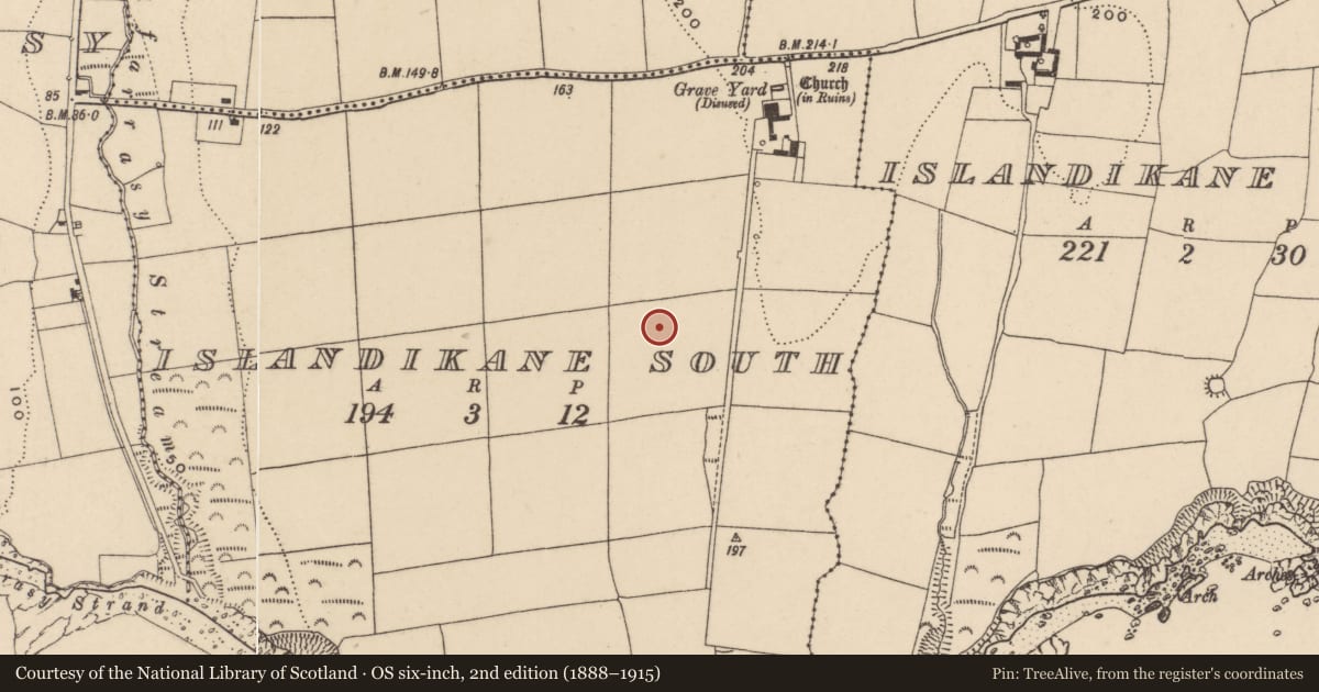 Ordnance Survey six-inch map, 2nd edition (1888–1915) covering the location of Earthwork, Islandikane South, County Waterford, with a pin at the register's coordinates