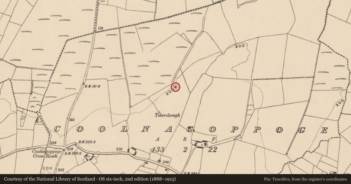 Ordnance Survey six-inch map, 2nd edition (1888–1915) covering the location of Burnt mound, Coolnagoppoge, County Waterford, with a pin at the register's coordinates