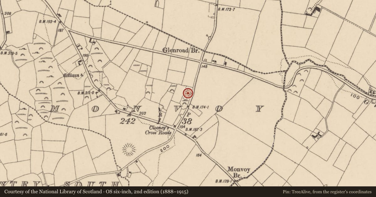 Ordnance Survey six-inch map, 2nd edition (1888–1915) covering the location of Mine, Monvoy, County Waterford, with a pin at the register's coordinates
