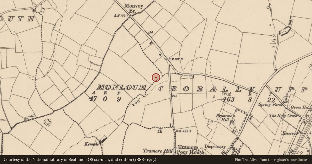Ordnance Survey six-inch map, 2nd edition (1888–1915) covering the location of Burnt spread, Monloum, County Waterford, with a pin at the register's coordinates