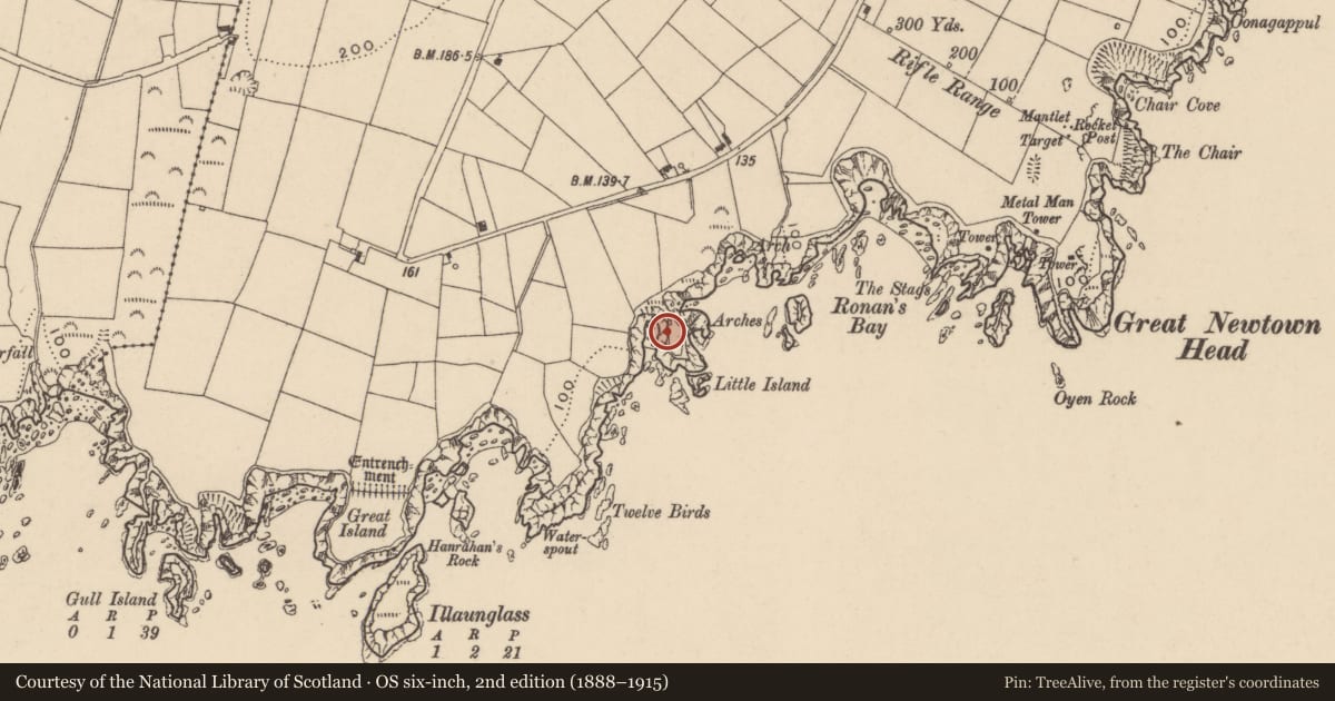 Ordnance Survey six-inch map, 2nd edition (1888–1915) covering the location of Promontory fort - coastal, West-Town, County Waterford, with a pin at the register's coordinates