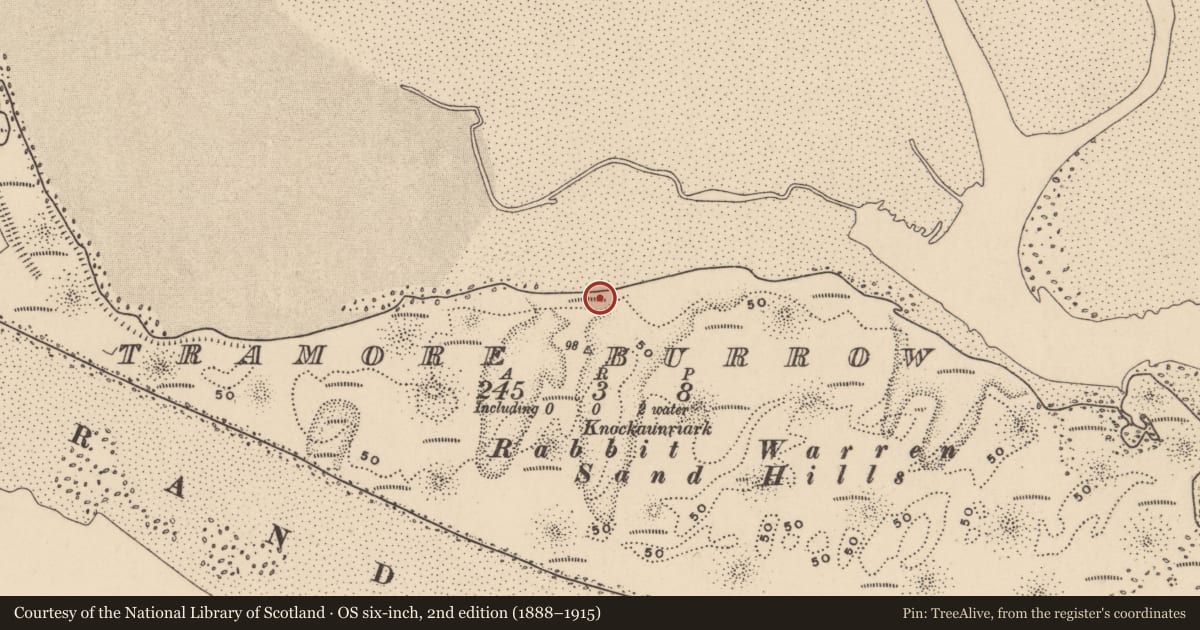 Ordnance Survey six-inch map, 2nd edition (1888–1915) covering the location of Midden, Tramore Burrow, County Waterford, with a pin at the register's coordinates