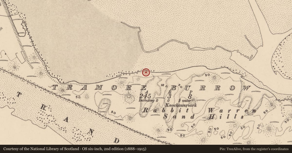Ordnance Survey six-inch map, 2nd edition (1888–1915) covering the location of Midden, Tramore Burrow, County Waterford, with a pin at the register's coordinates