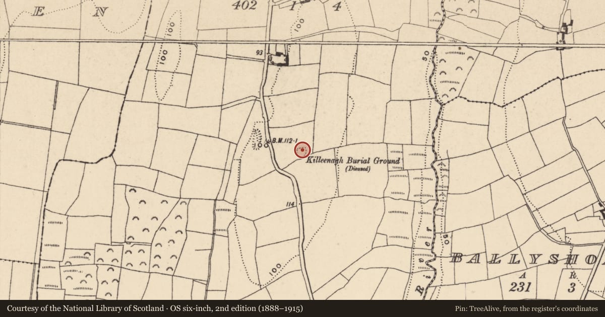 Ordnance Survey six-inch map, 2nd edition (1888–1915) covering the location of Church, Ballygarran, County Waterford, with a pin at the register's coordinates