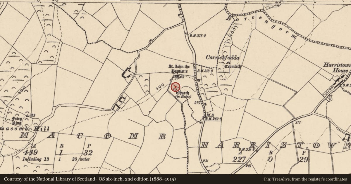 Ordnance Survey six-inch map, 2nd edition (1888–1915) covering the location of Bullaun stone, Kilmacomb, County Waterford, with a pin at the register's coordinates