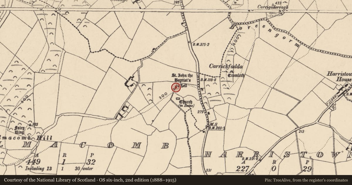Ordnance Survey six-inch map, 2nd edition (1888–1915) covering the location of Ritual site - holy well, Kilmacomb, County Waterford, with a pin at the register's coordinates