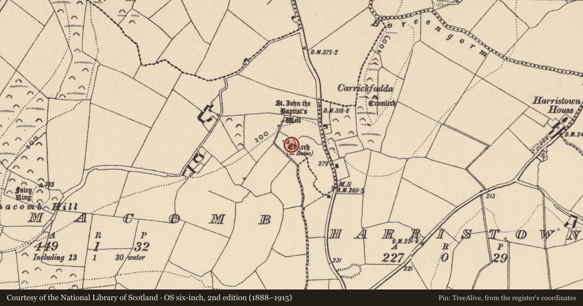 Ordnance Survey six-inch map, 2nd edition (1888–1915) covering the location of Earthwork, Kilmacomb, County Waterford, with a pin at the register's coordinates